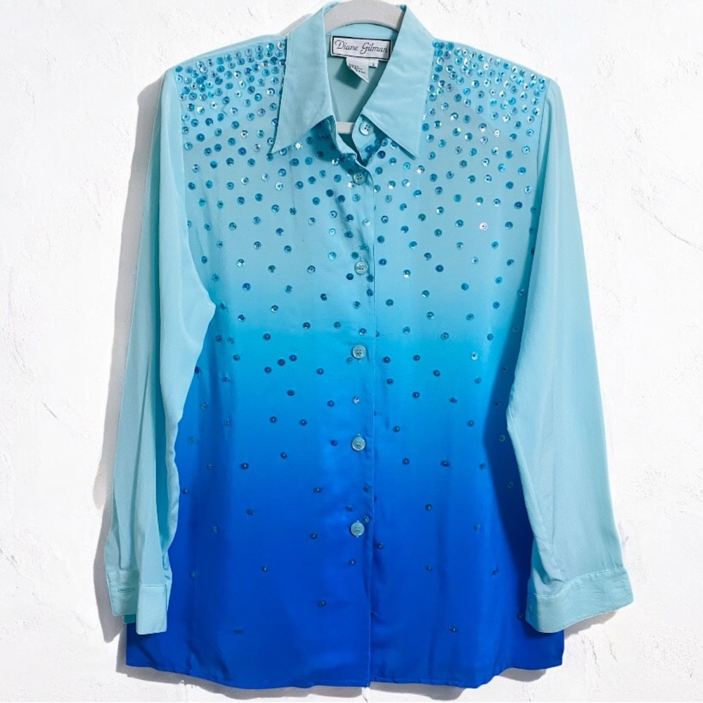 Diane Gilman 100% Silk Baby Blue & Cobalt‎ Ombré Sequin Button Down Blouse Small